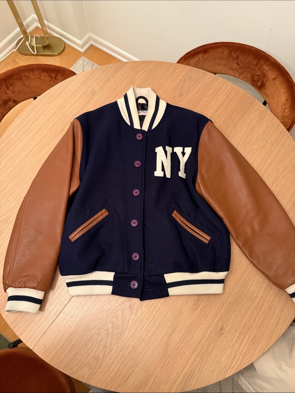 Wool and Leather Varsity Jacket - Navy with Brown Sleeves and White Trim